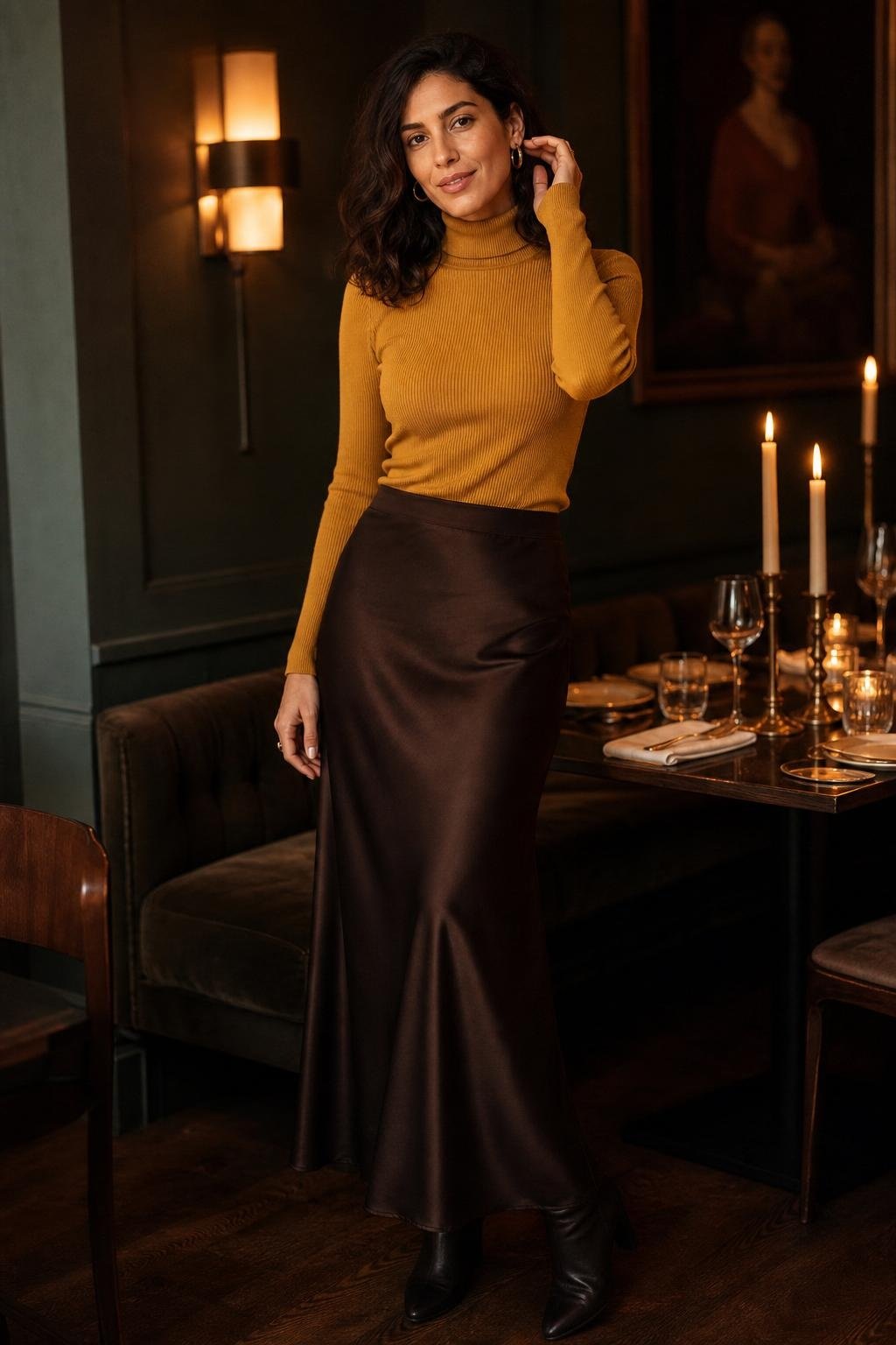 Mustard turtleneck, espresso brown satin slip skirt, heeled boots, gold hoops, candlelit dinner setting (option 1)