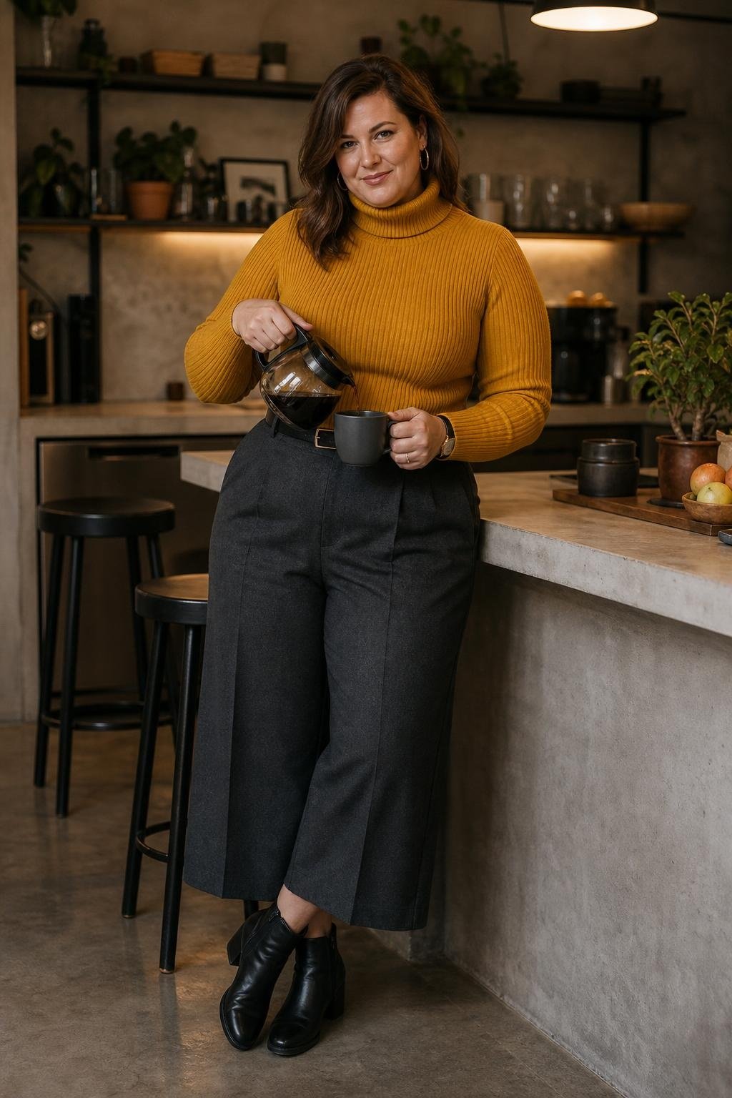Mustard turtleneck sweater, charcoal culottes, black ankle boots, industrial-style office kitchen (option 2)