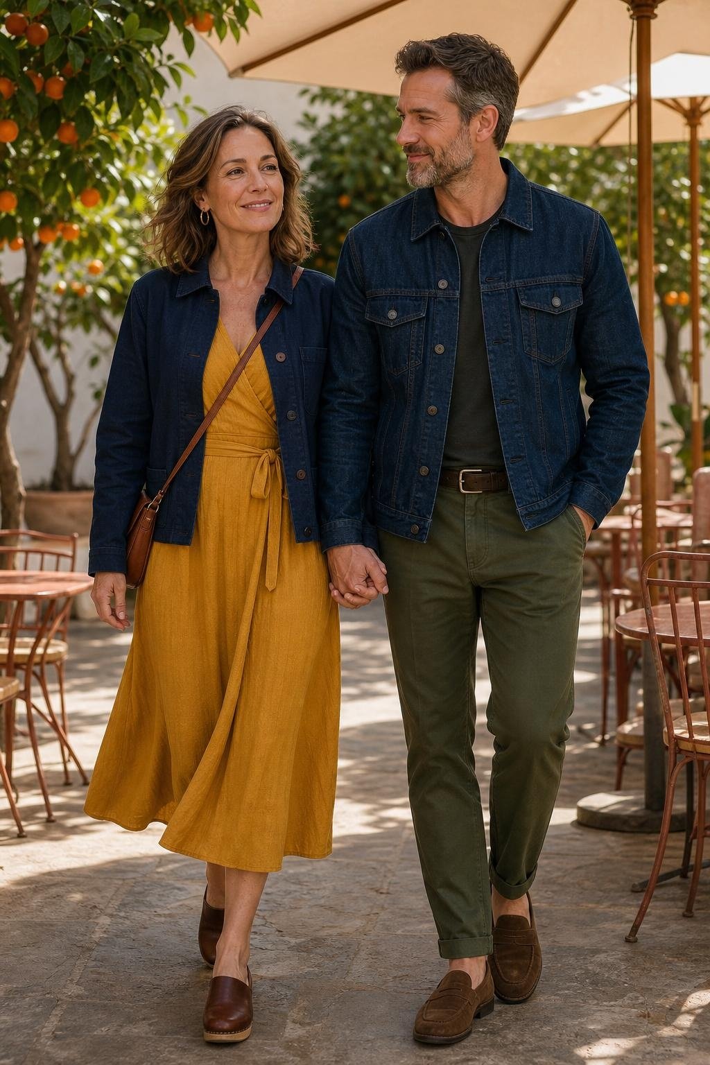 Mustard wrap dress with indigo chore jacket, brown clogs, indigo denim jacket and olive trousers, sunny brunch cafe (option 2)