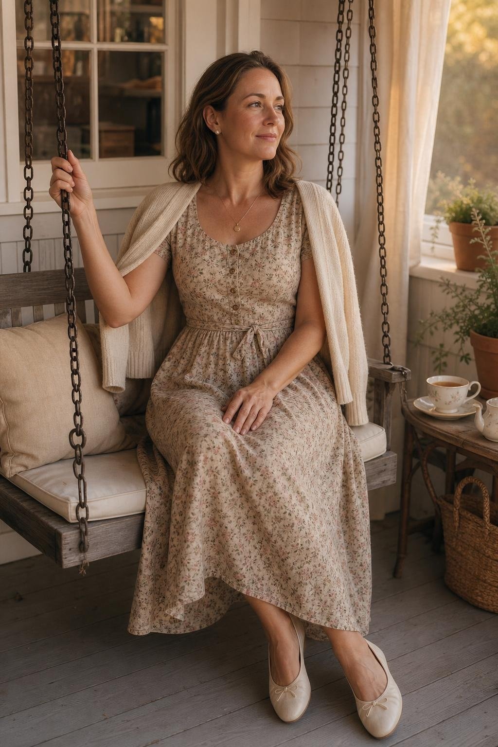 Muted floral prairie midi dress with cropped cream cardigan and ballet flats on a cottage porch, gentle evening mood (option 2)