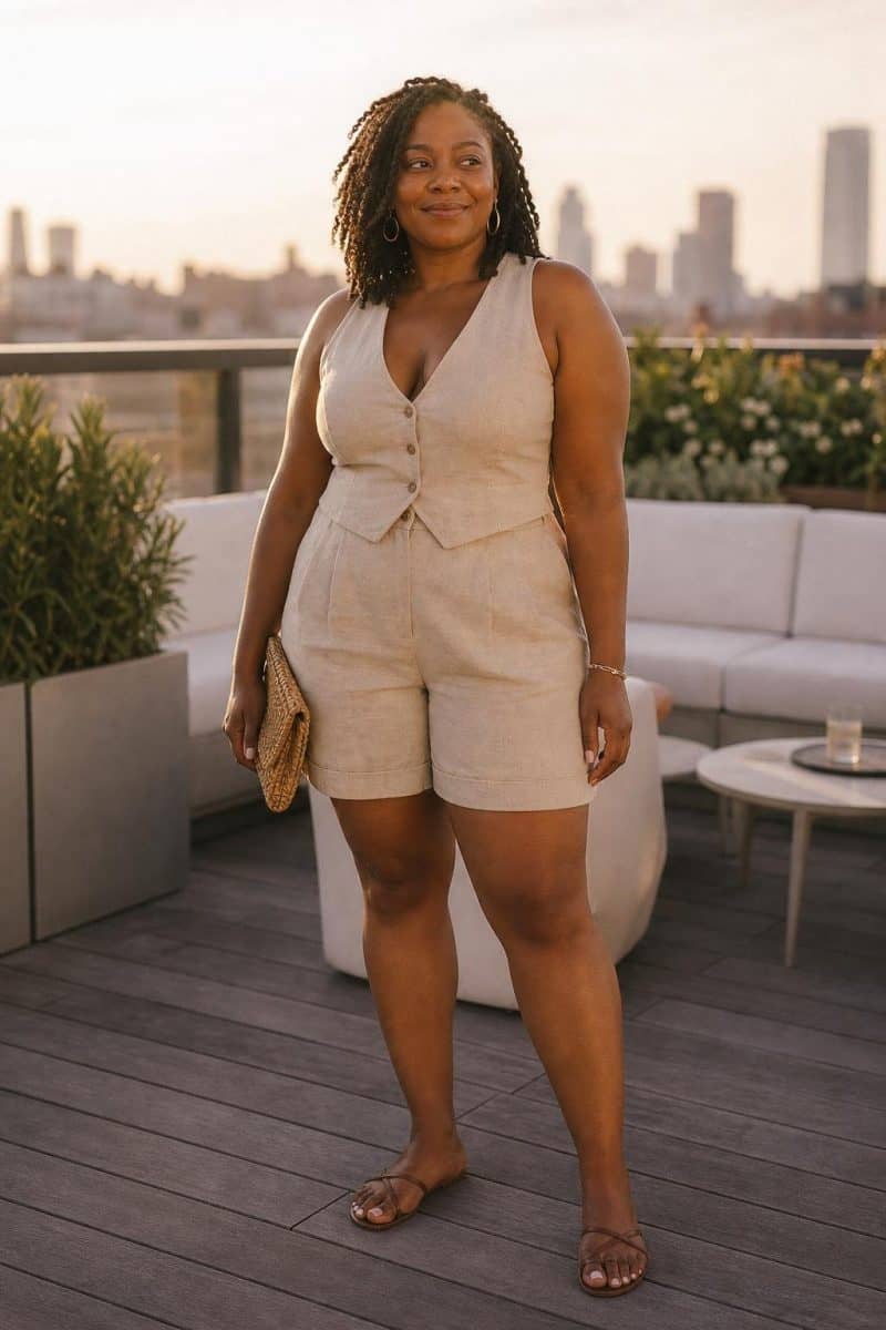Natural linen vest, matching linen shorts, minimal sandals, woven clutch, rooftop summer drinks (option 1)