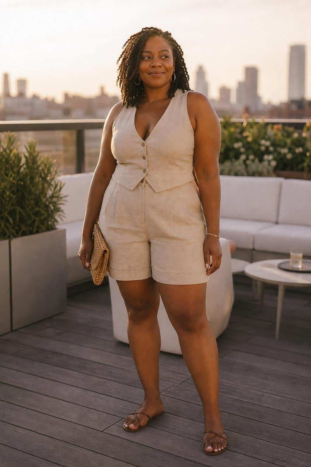 Natural linen vest, matching linen shorts, minimal sandals, woven clutch, rooftop summer drinks (option 1)