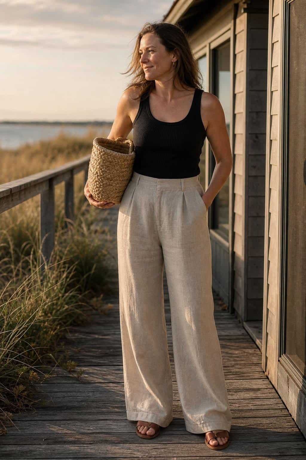 Natural wide-leg linen pants, black ribbed tank, flat leather sandals, market basket, warm evening boardwalk (option 2)