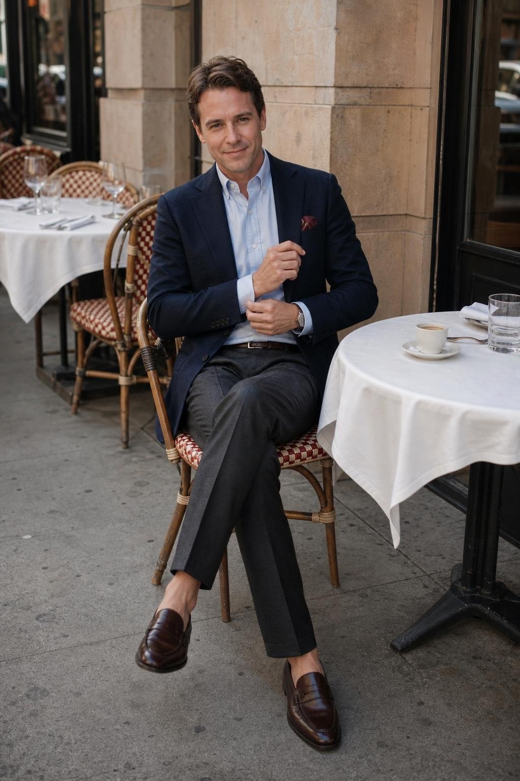 Navy blazer, pale blue oxford shirt, charcoal wool trousers, dark brown loafers, polished city lunch setting (option 2)