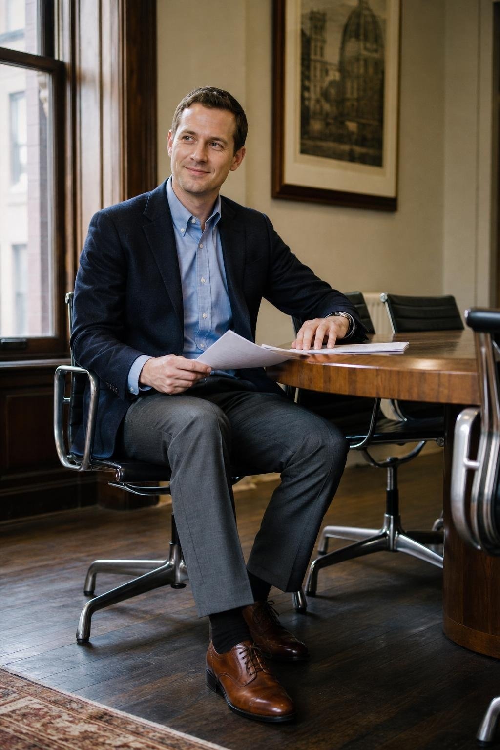 Navy blazer, slate trousers, blue oxford shirt, brown derbies in a conference room (option 1)