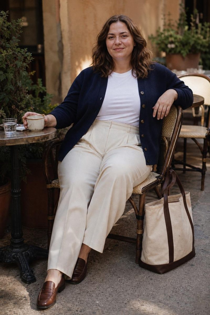 Navy cardigan over white tee, ecru pleated trousers, brown loafers, canvas tote in a neighborhood café (option 1)