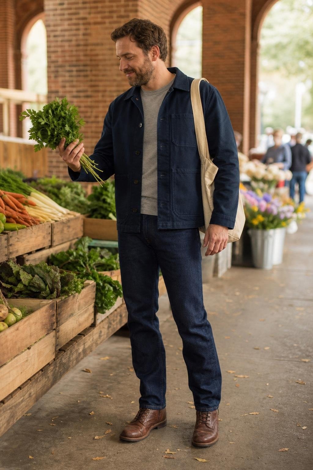 Navy chore jacket, gray crewneck tee, dark indigo jeans, brown leather boots, casual farmers market morning (option 1)