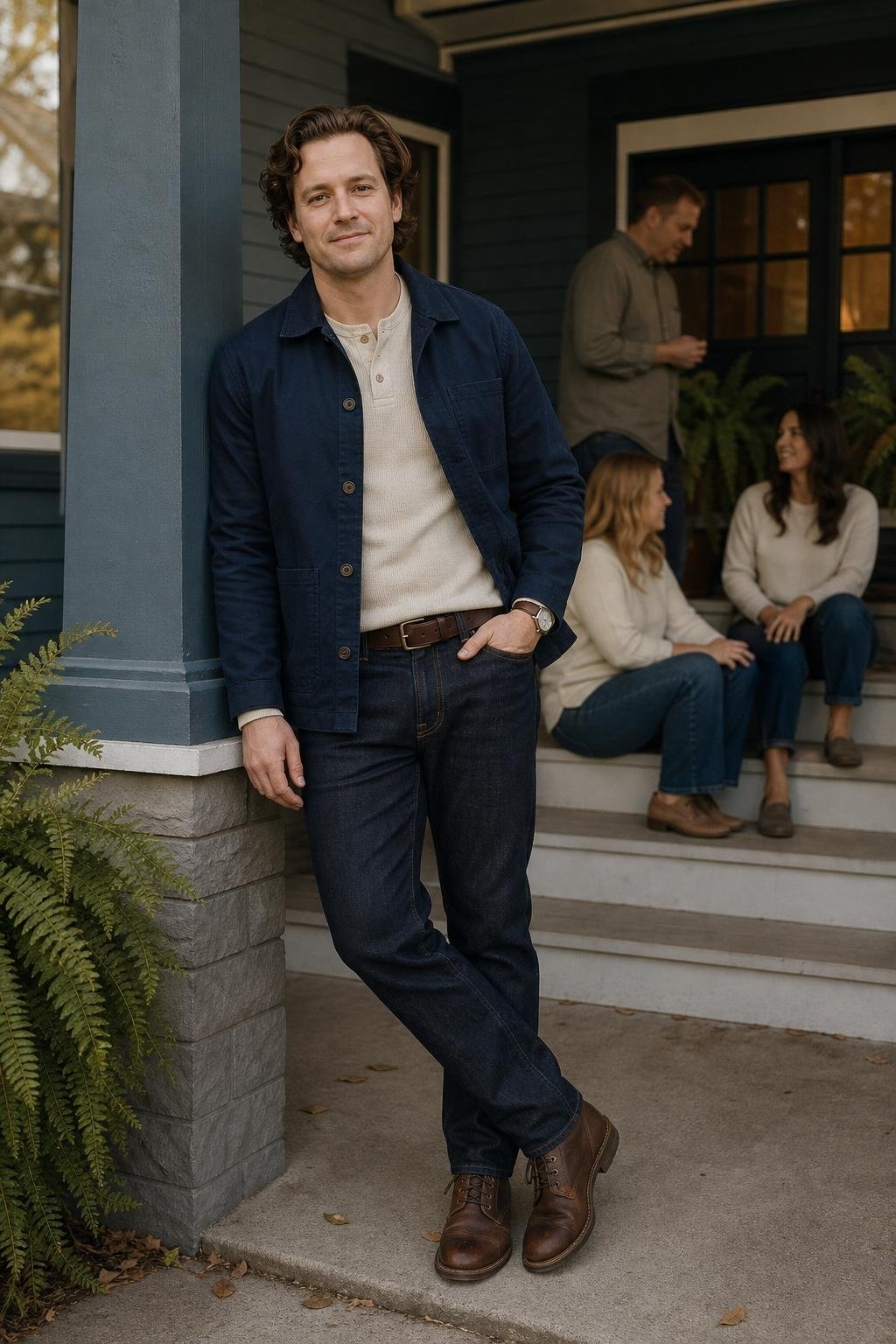 Navy chore jacket, oatmeal henley, dark rinse jeans, brown boots, casual front porch family photo (option 2)