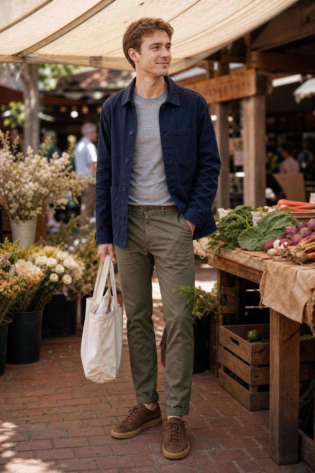 Navy chore jacket, olive chinos, gray crewneck tee, brown suede sneakers, Saturday farmers market scene (option 1)