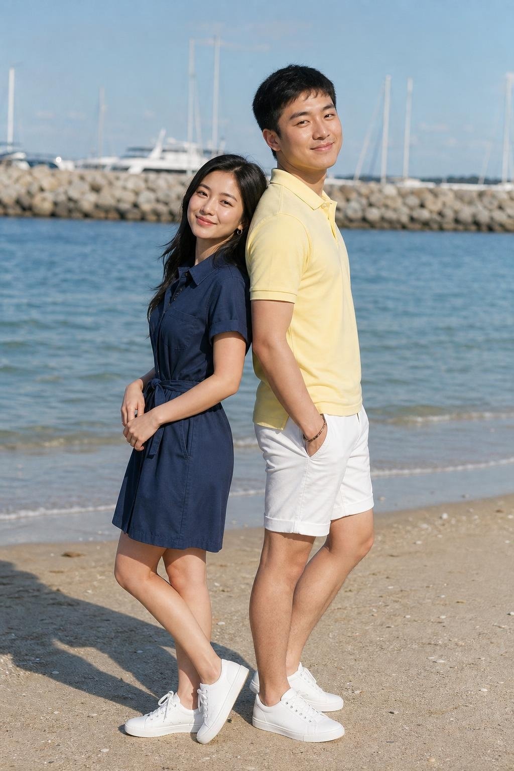Navy cotton shirt dress, lemon polo, crisp cotton shorts, white sneakers, bright marina beach photos (option 2)