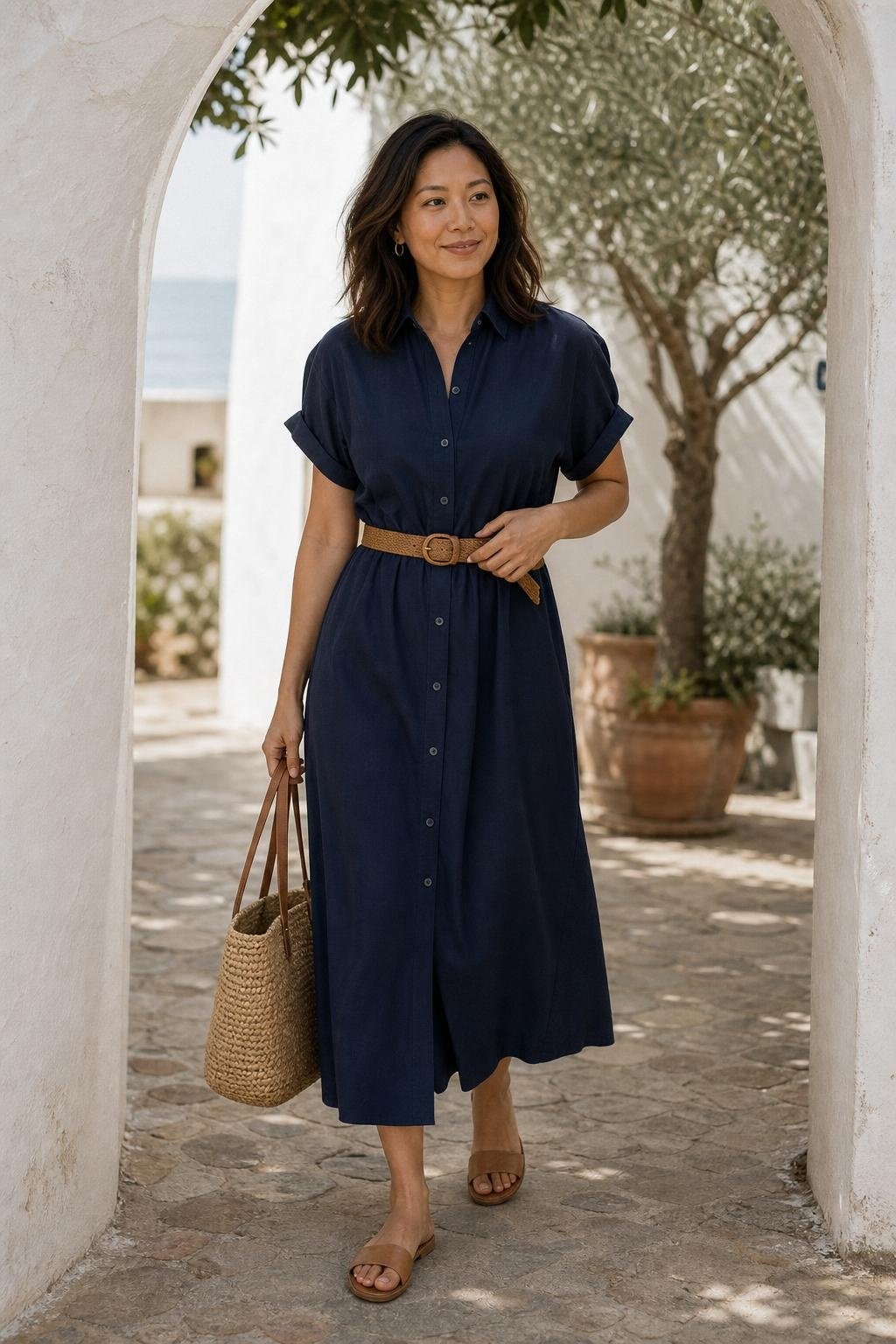Navy cotton shirt dress, woven belt, tan sandals in a shaded seaside courtyard (option 1)