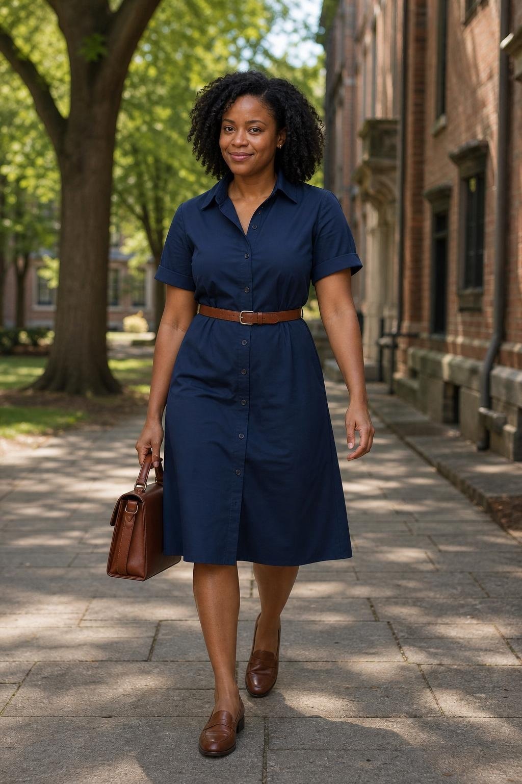 Navy cotton shirtdress, brown leather belt, brown loafers, structured satchel, university campus walkway (option 2)