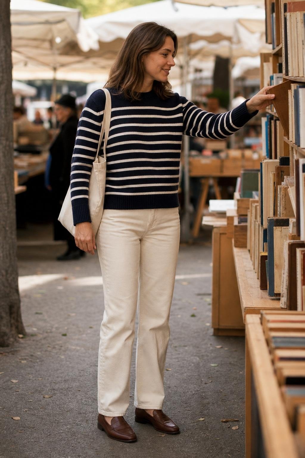 navy cream striped sweater, ecru straight denim, brown loafers, canvas tote, bookstore aisle afternoon (option 2)