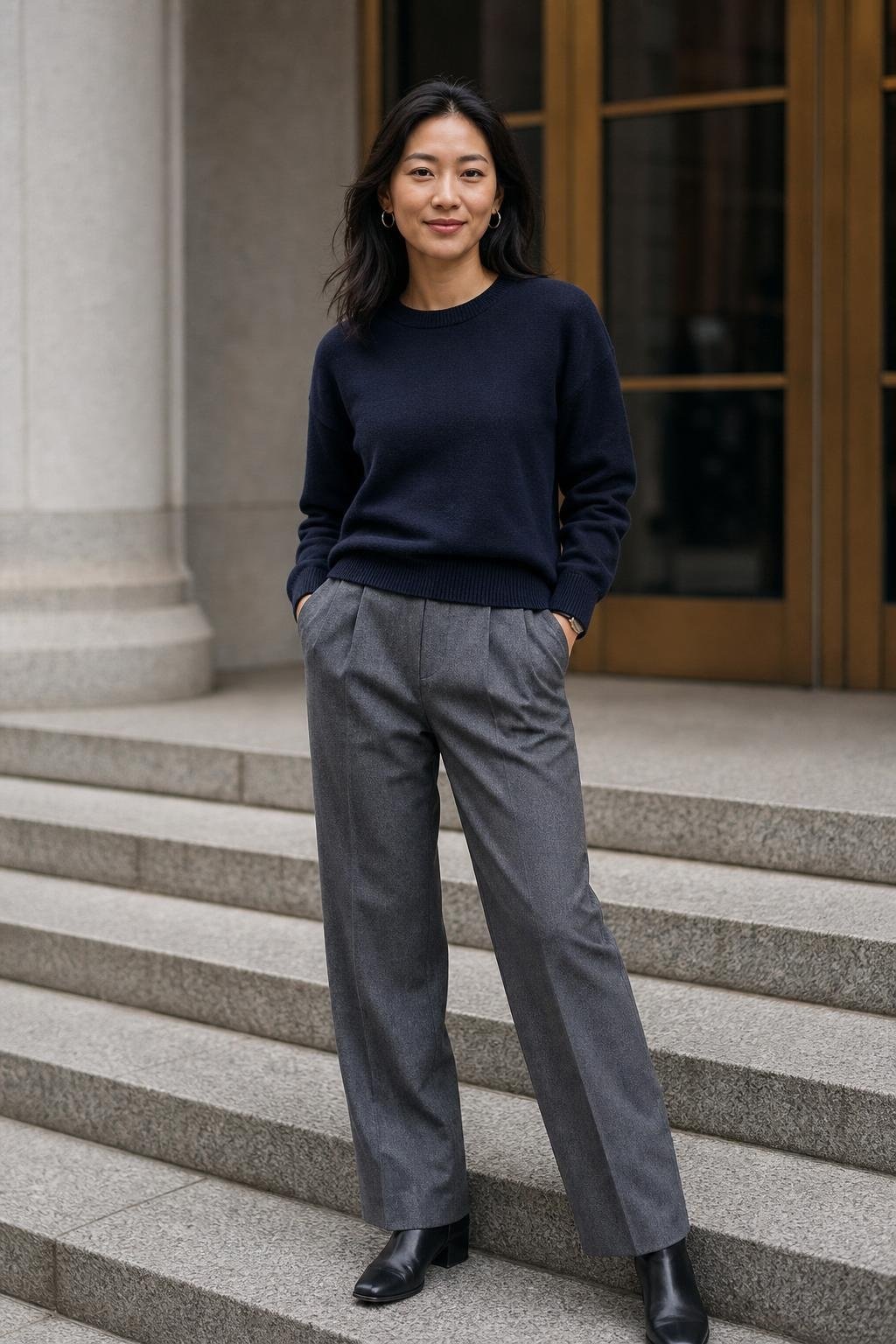 Navy crewneck sweater, grey pleated wool trousers, black ankle boots, library steps on an overcast afternoon (option 1)