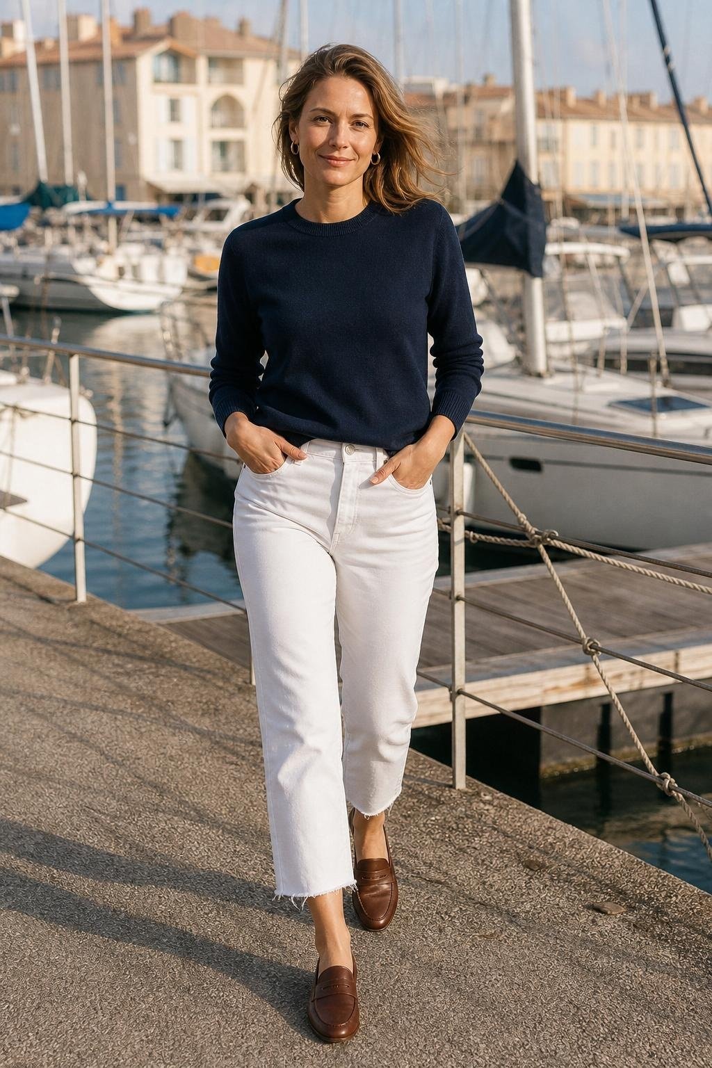 navy crewneck sweater, white cropped jeans, brown leather loafers, gold hoops, marina walkway (option 1)