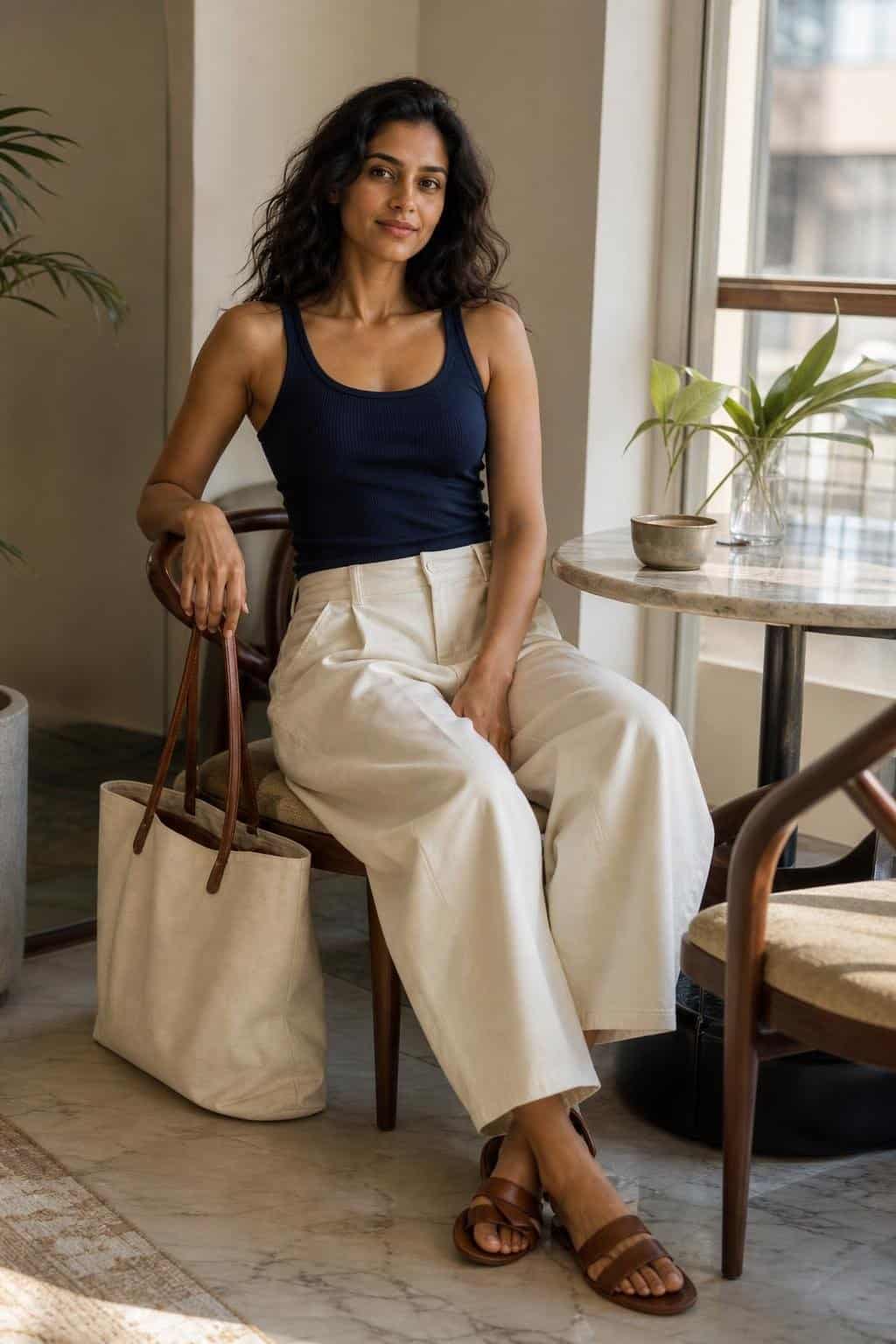 Navy fitted tank, cream barrel pants, brown leather sandals, canvas tote, modern cafe corner (option 2)