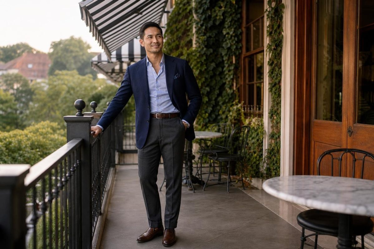 Navy hopsack blazer, pale blue shirt, charcoal trousers, brown loafers, private club terrace mood (option 1)