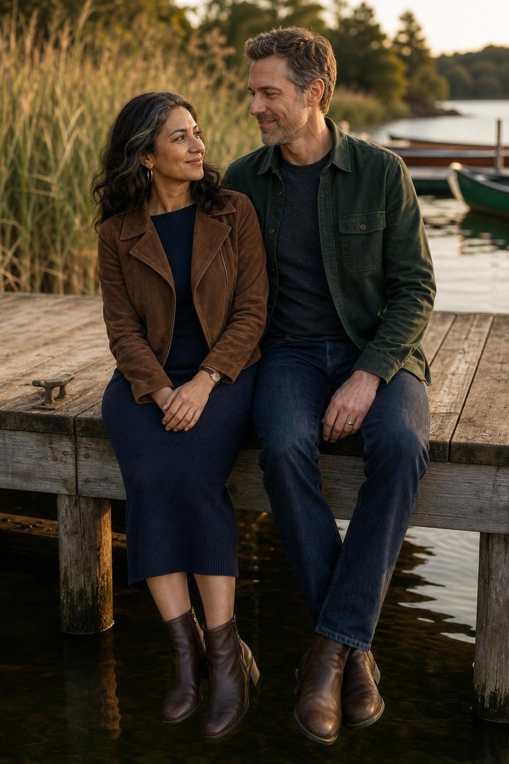 Navy knit dress with tobacco suede jacket beside a calm lakeside dock (option 1)