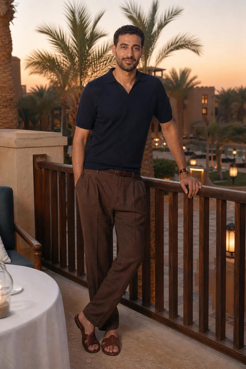 Navy knit polo, brown linen trousers, woven leather sandals, warm resort dinner mood (option 1)