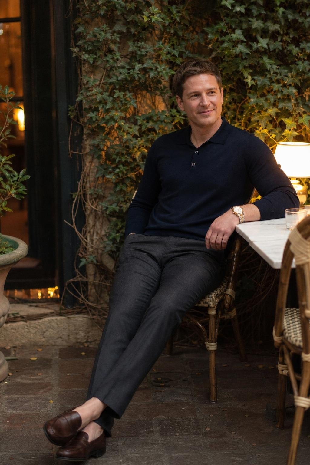 Navy knit polo, charcoal wool trousers, brown loafers, brass watch, intimate corner table at a neighborhood restaurant (option 2)