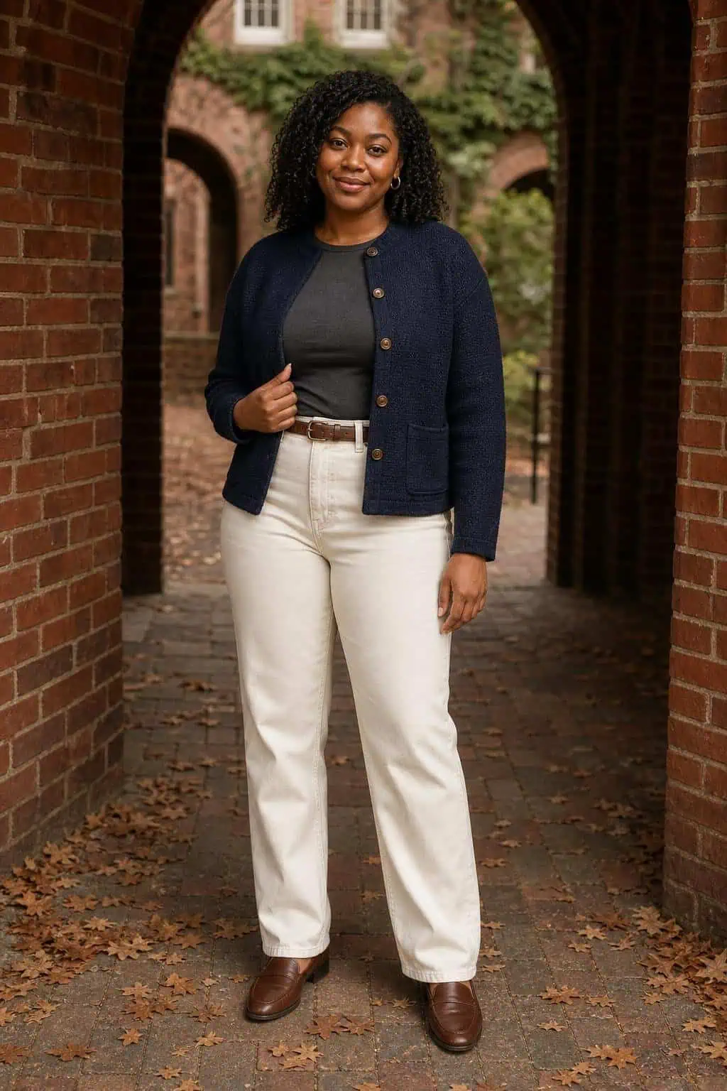 Navy knit sweater jacket, charcoal tee, ecru straight jeans, brown loafers in a brick courtyard (option 1)