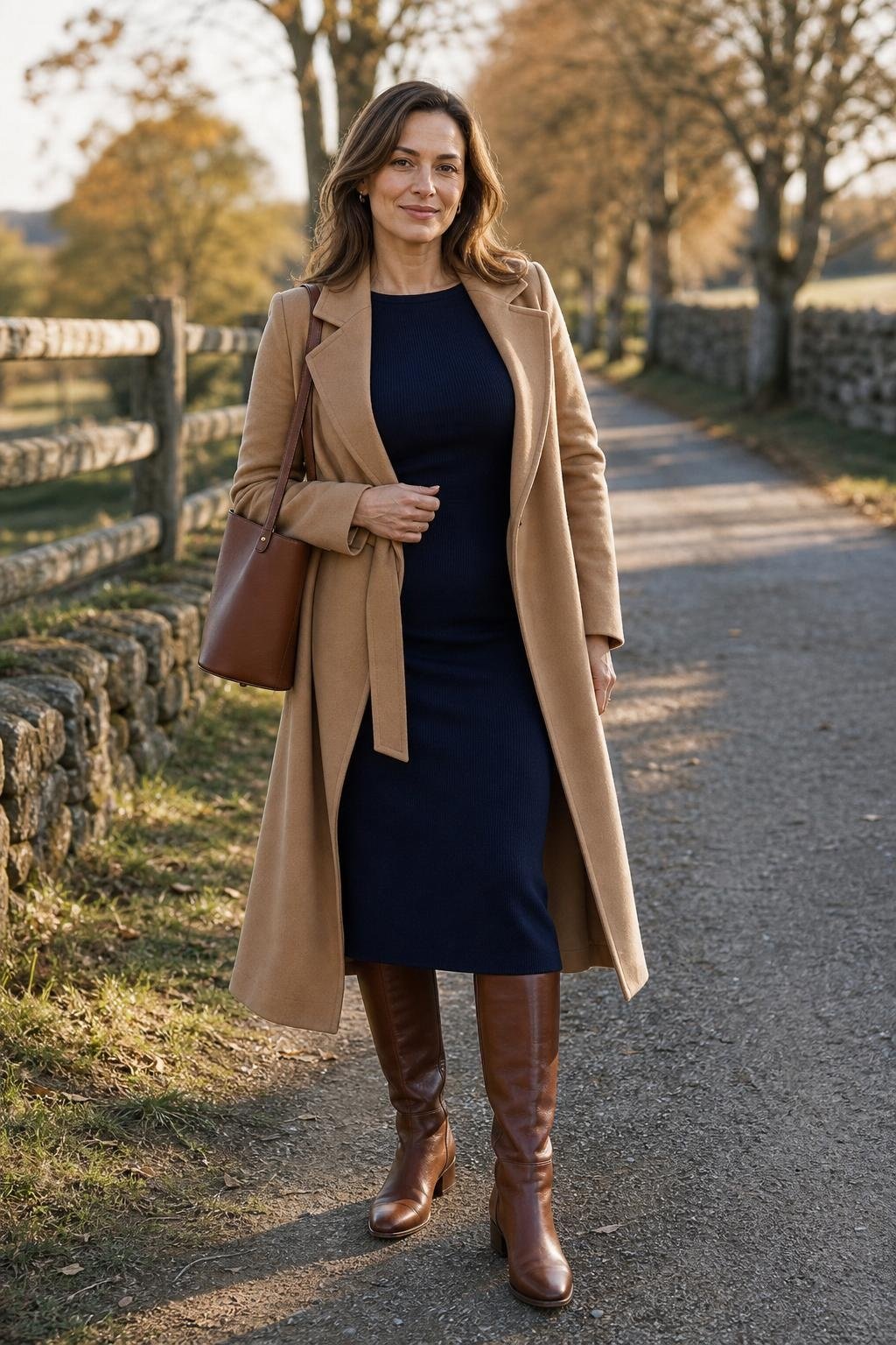 Navy long-sleeve knit dress, brown riding boots, camel wrap coat, leather tote, stable-inspired countryside lane (option 2)