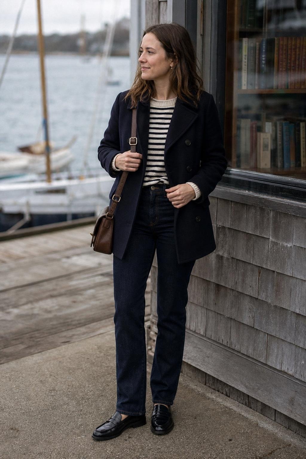 Navy peacoat, cream and navy striped sweater, dark jeans, loafers, harbor-side bookshop exterior (option 1)