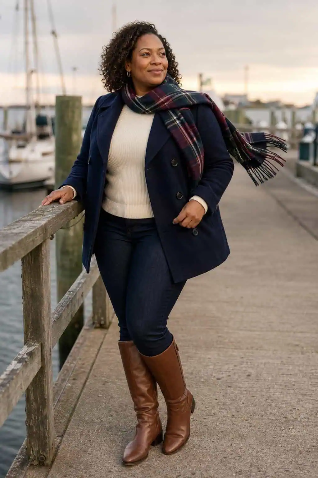 Navy peacoat over ivory sweater, slim jeans, plaid scarf, riding boots, harbor walkway in autumn (option 2)