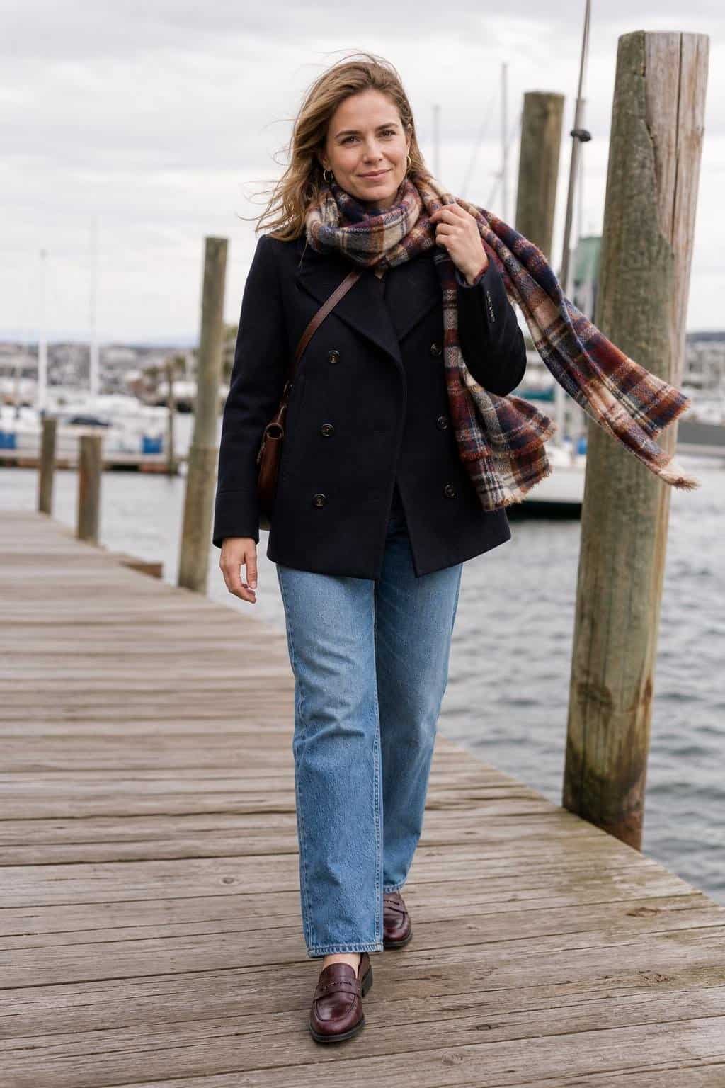 Navy peacoat, oversized plaid scarf, vintage-wash jeans, burgundy loafers, windy harbor walk (option 2)