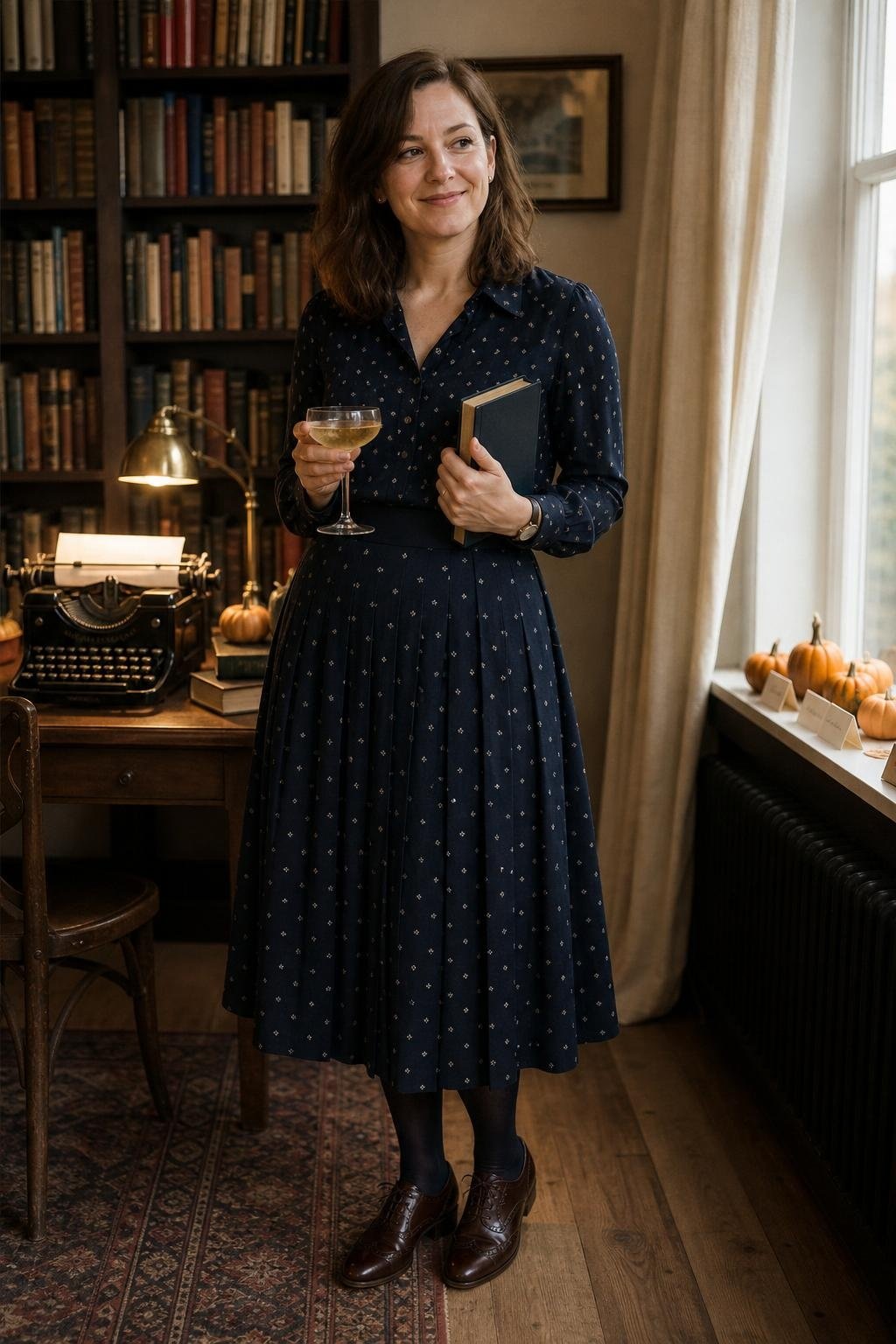 Navy pleated skirt, typewriter-print blouse, brogues, bookish Halloween cocktail corner (option 1)