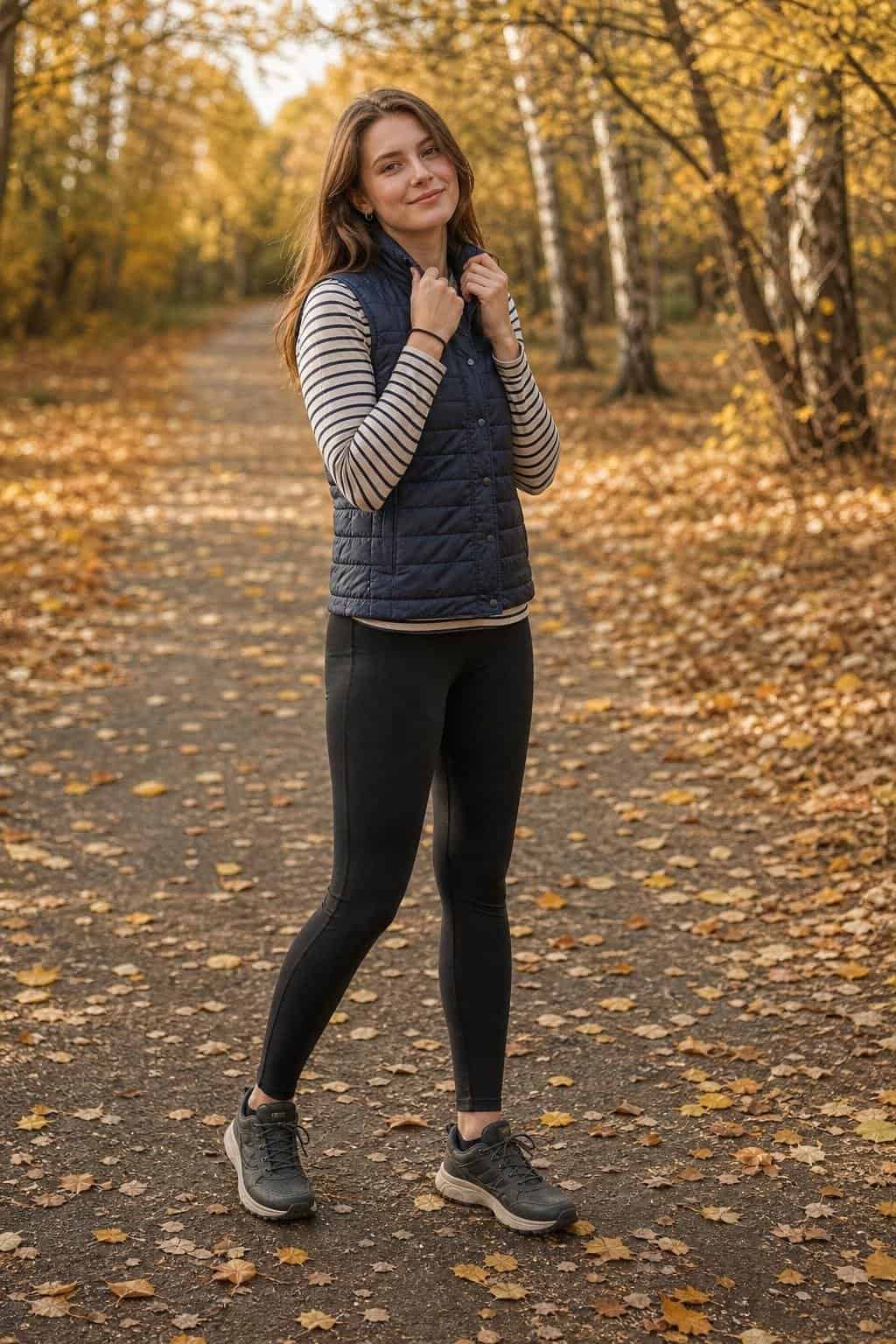 Navy quilted vest over striped long sleeve tee, black leggings, trail sneakers, park walk with leaves (option 1)