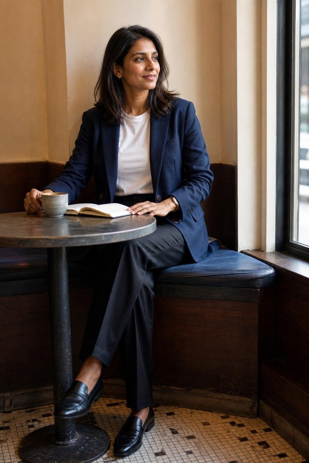Navy relaxed blazer over white tee and black trousers, leather loafers, tidy coffee meeting scene (option 1)