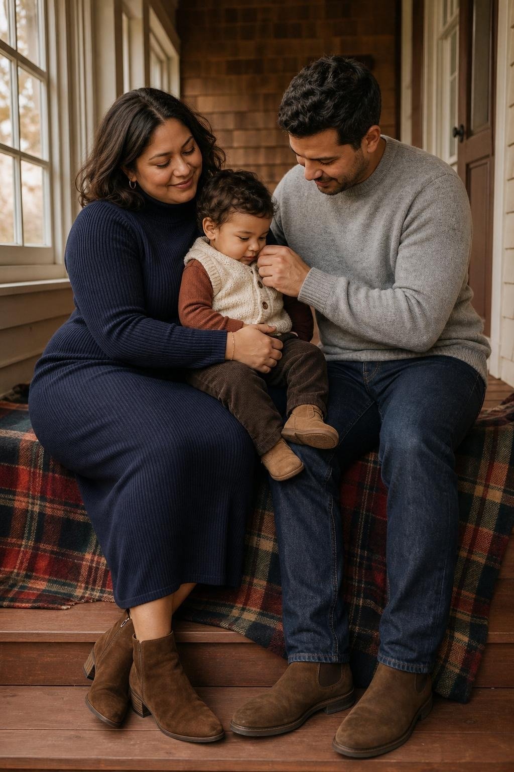 Navy ribbed sweater dress, heather gray pullover, oatmeal knit vest, suede ankle boots in a cozy porch setting (option 2)