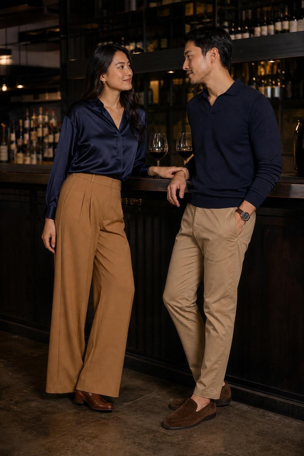 Navy satin blouse with camel wide-leg trousers, brown loafers, navy knit polo and tan chinos, sleek wine bar (option 2)