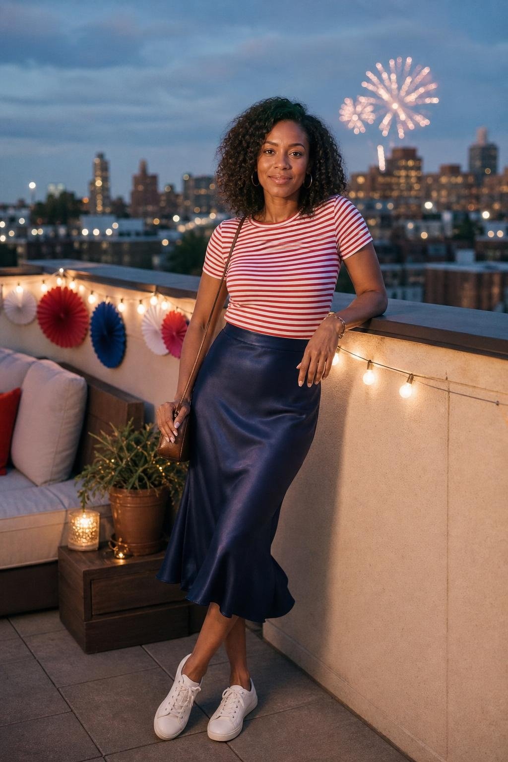 Navy satin slip skirt, red and white striped tee, canvas sneakers, casual rooftop fireworks gathering (option 1)