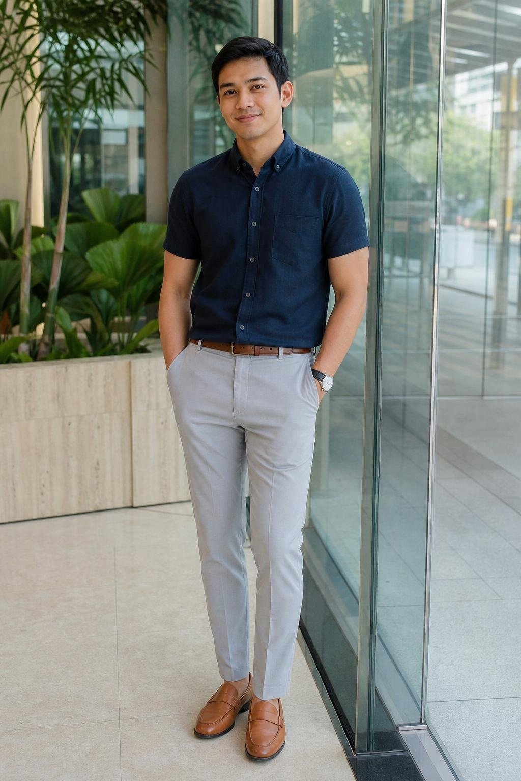 Navy short-sleeve button-down, light gray chinos, tan leather loafers, airy glass office lobby (option 1)