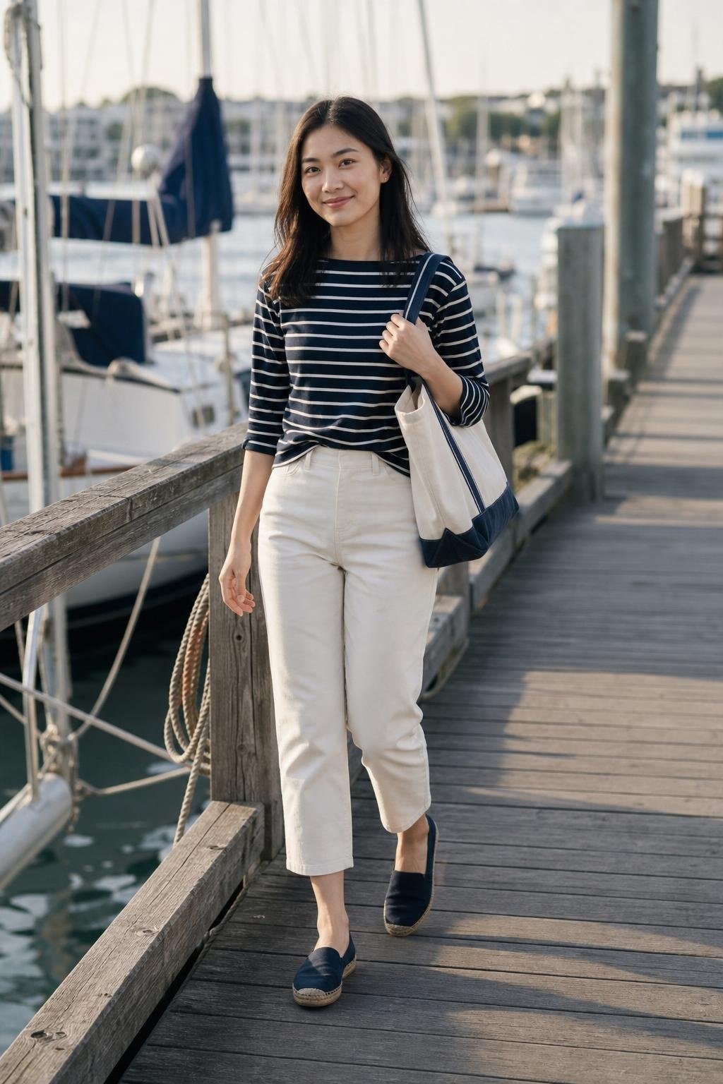 Navy striped Breton tee, cream cropped pants, navy espadrilles, canvas tote on a harbor walkway (option 1)
