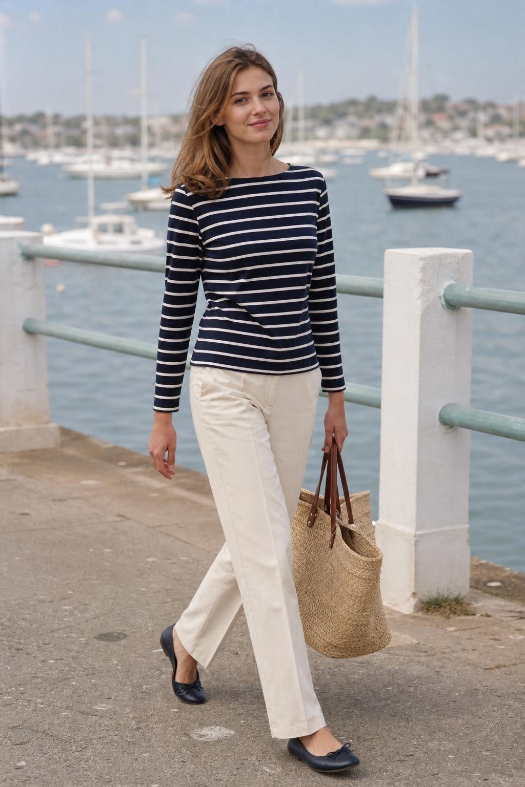 Navy striped Breton top, cream chinos, navy flats, woven tote, seaside promenade with relaxed weekend mood (option 1)