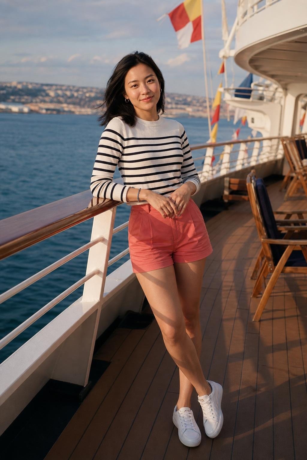 Navy striped cotton sweater with coral shorts and white sneakers on an open-air sailaway deck (option 2)