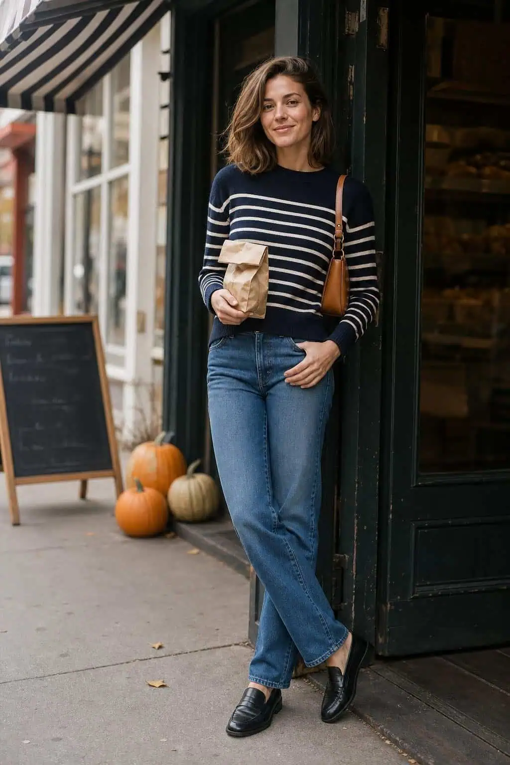 Navy striped sweater, straight blue jeans, black loafers, tan shoulder bag outside a neighborhood bakery (option 1)