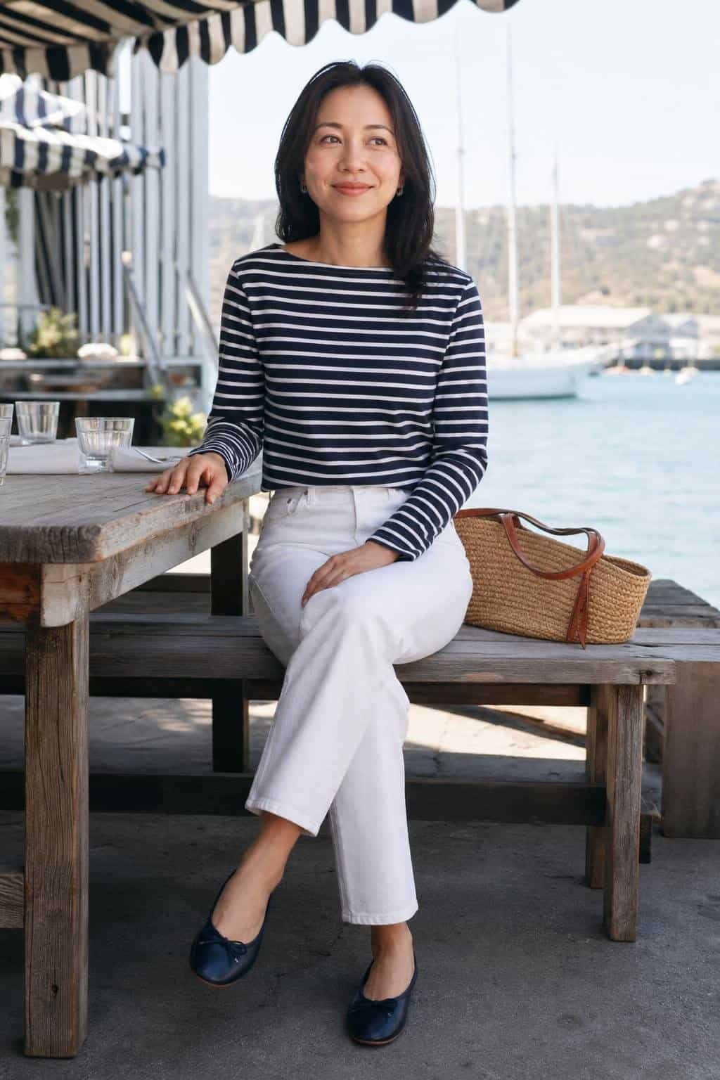 Navy striped tee, white straight jeans, navy ballet flats, straw shoulder bag, seaside lunch table (option 2)