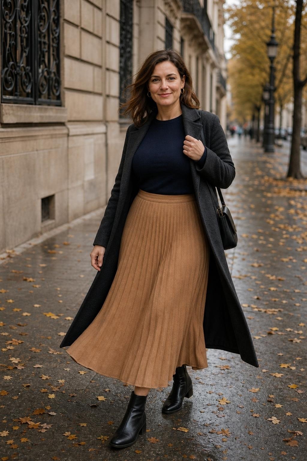 Navy sweater, camel pleated midi skirt, black ankle boots, wool coat along a tree-lined avenue (option 2)