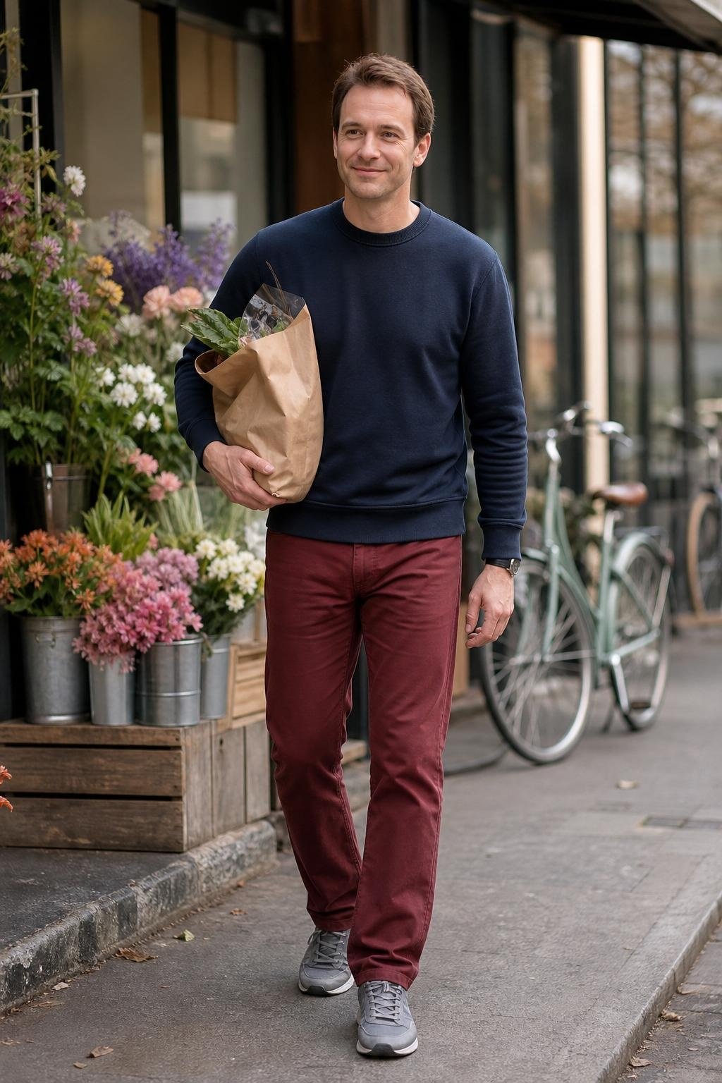 Navy sweatshirt, burgundy chinos, gray running-style sneakers, casual Sunday errands scene (option 1)