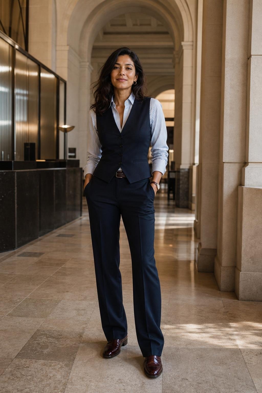 Navy vest and trouser suit, striped button-down shirt, oxblood loafers, architectural office lobby (option 1)