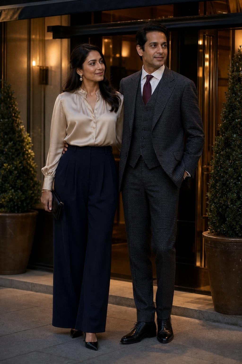 Navy wide-leg trousers, champagne satin blouse, black slingbacks, elegant restaurant entrance (option 2)