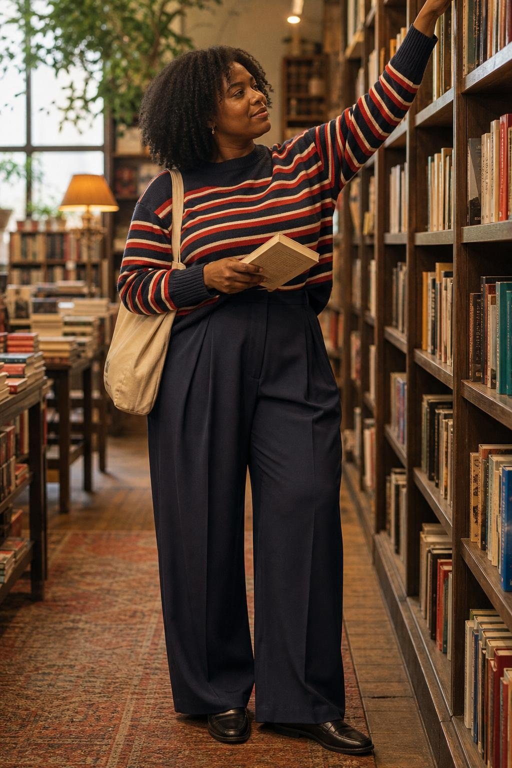 Navy wide-leg trousers, red and ivory striped knit, loafers, canvas tote, bookshop afternoon (option 2)