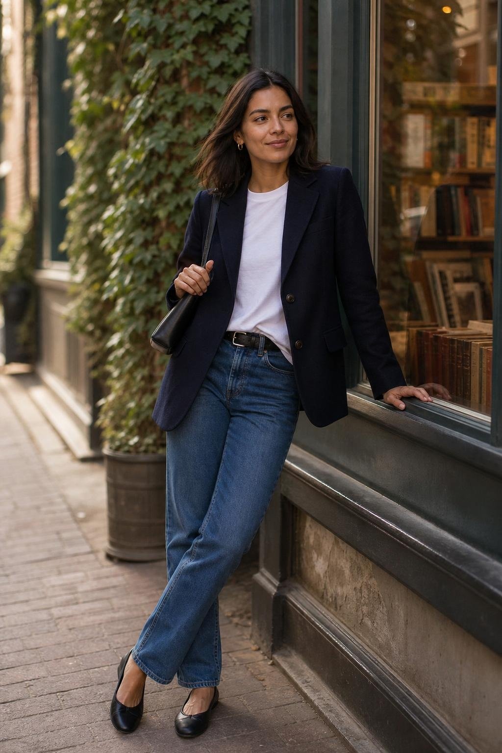 Navy wool blazer, white tee, straight blue jeans, black ballet flats, bookshop street on a clear afternoon (option 1)