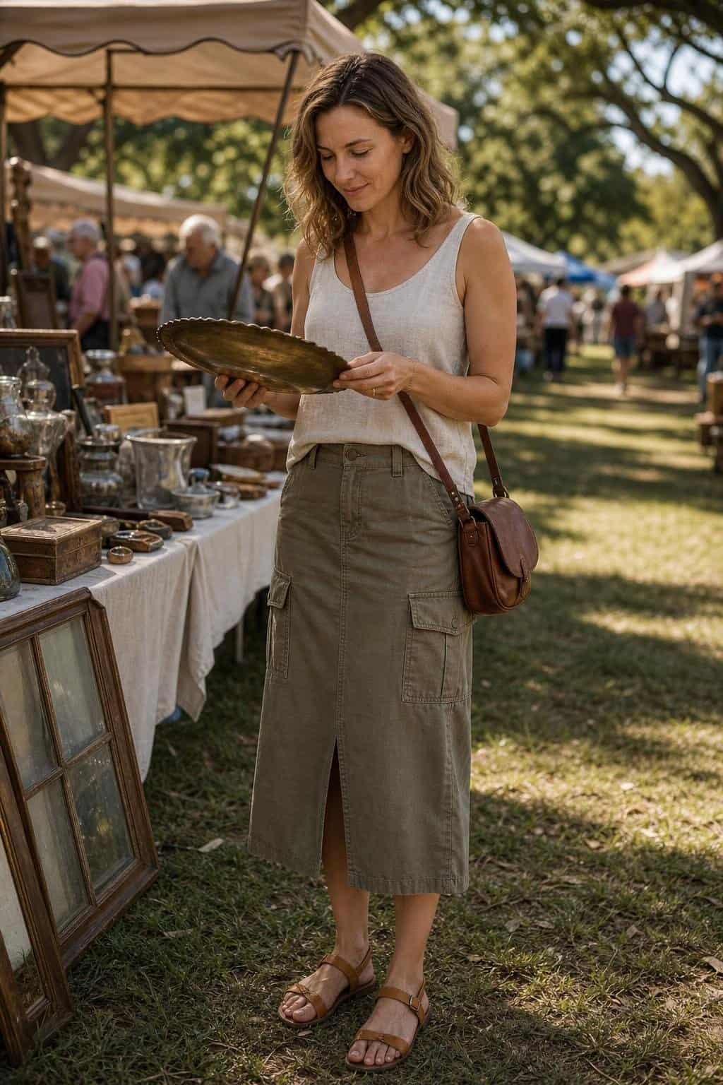 Oat linen tank, khaki relaxed cargo midi skirt, flat sandals, crossbody bag, weekend flea market mood (option 2)