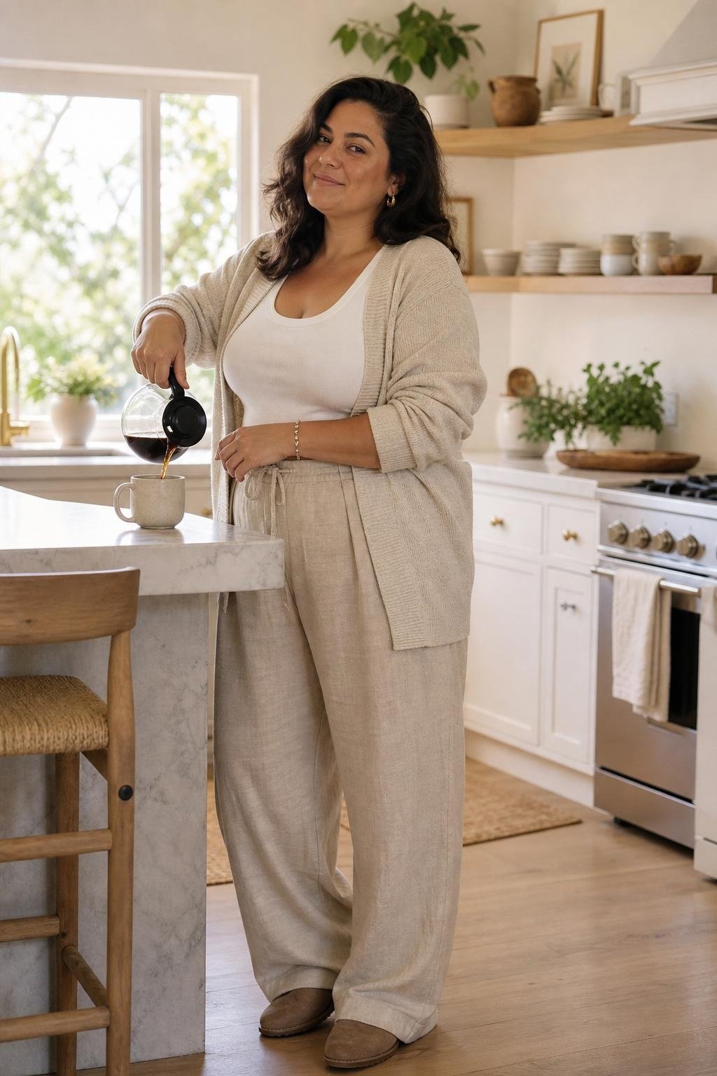 Oatmeal cardigan, white tank, beige linen trousers, suede clogs in a sunlit kitchen (option 2)