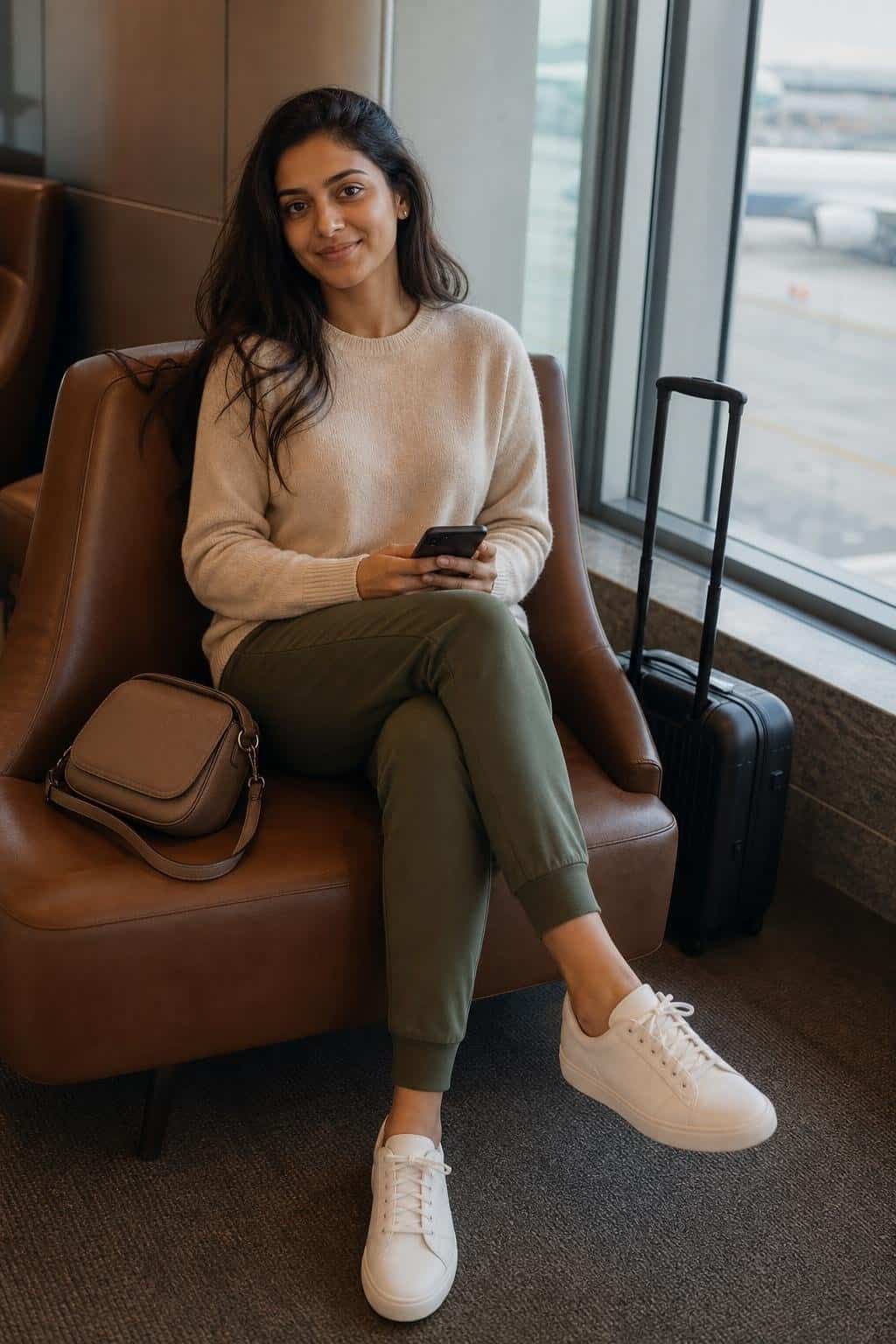 Oatmeal cashmere crewneck, olive joggers, white leather sneakers, crossbody bag in an airport lounge (option 2)